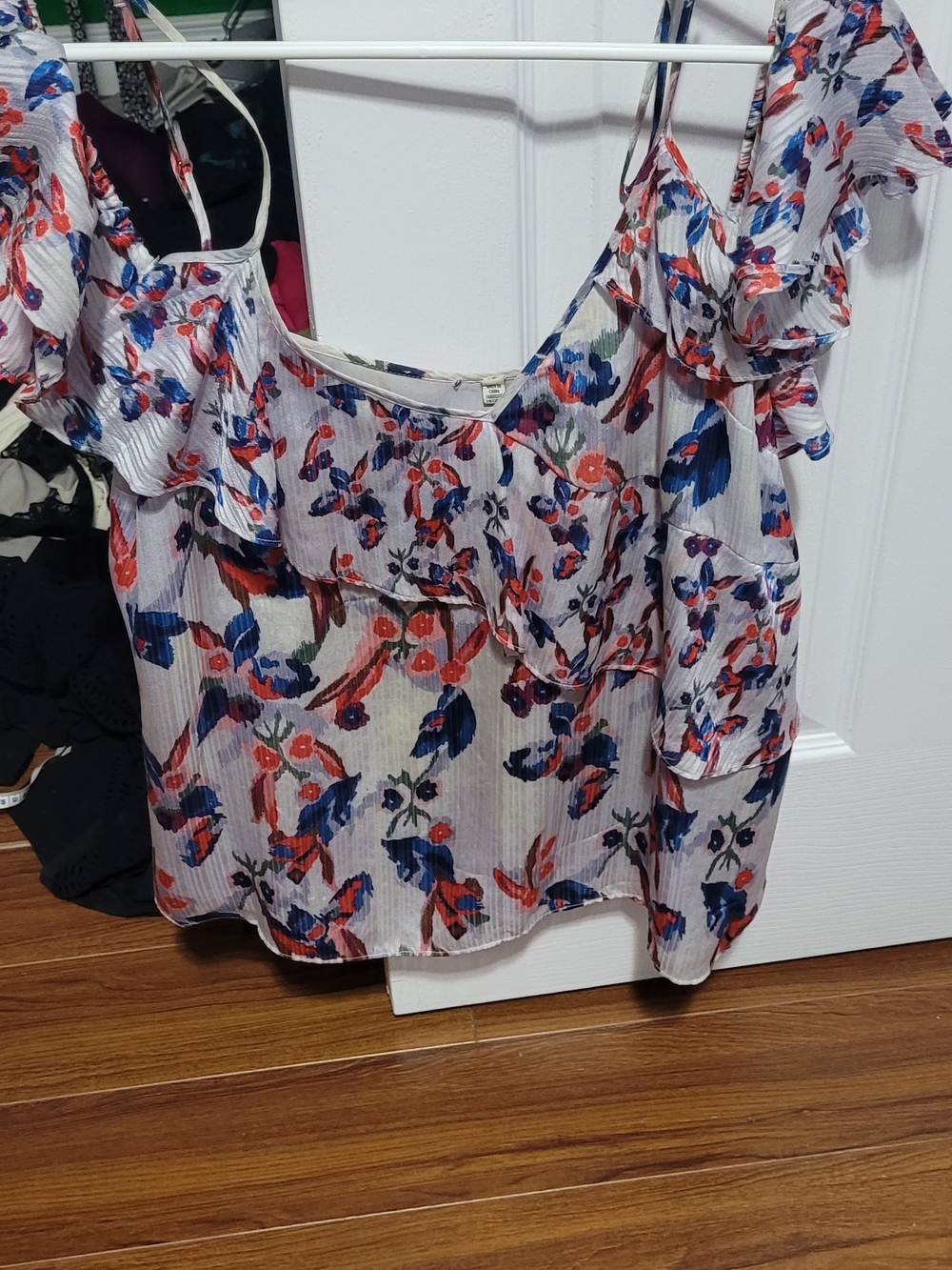 Tanya Taylor White Floral Ruffle Camisole with Red & Blue Print